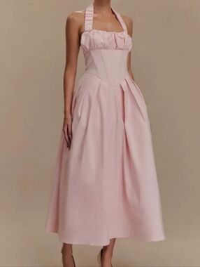 Meshki Halter Midi Dress Pink Pockets Large NWT Cottage Garden Soft Girl Sweet